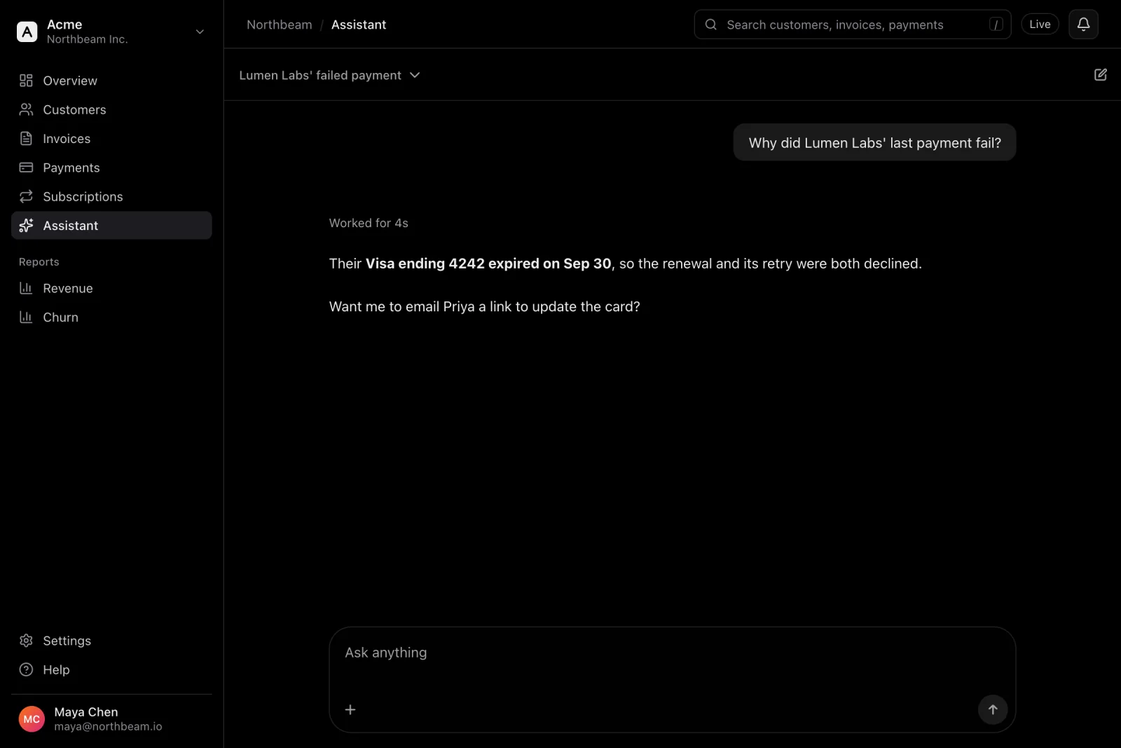 The same billing app with the assistant on its own page, reached from the app's navigation.