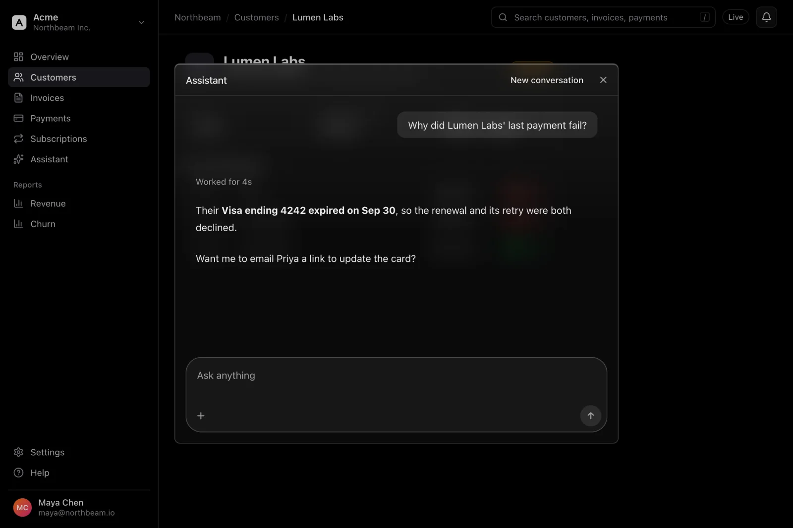The same billing app dimmed behind the assistant opened as a ⌘K command palette.