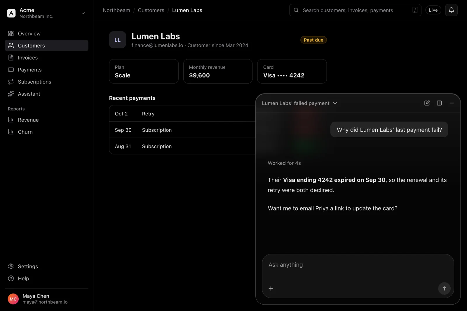 A billing app's customer page with the assistant open as a floating panel in the bottom-right corner.